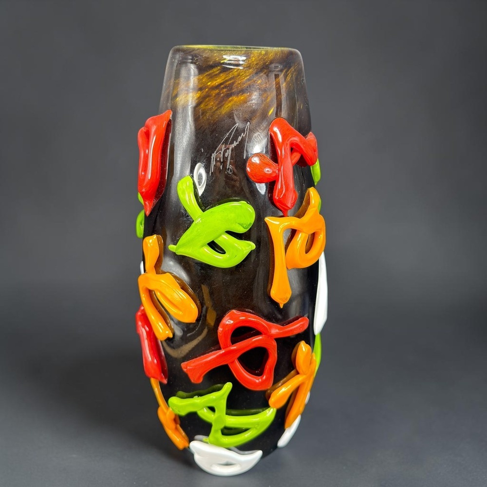 Mihai Topescu Glass Vase 12inch Heavy Applied Ribbon Colorful Modern Decor